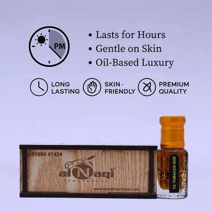 Small bottle of tobacco oil with wooden box on a light purple background, featuring product attributes.