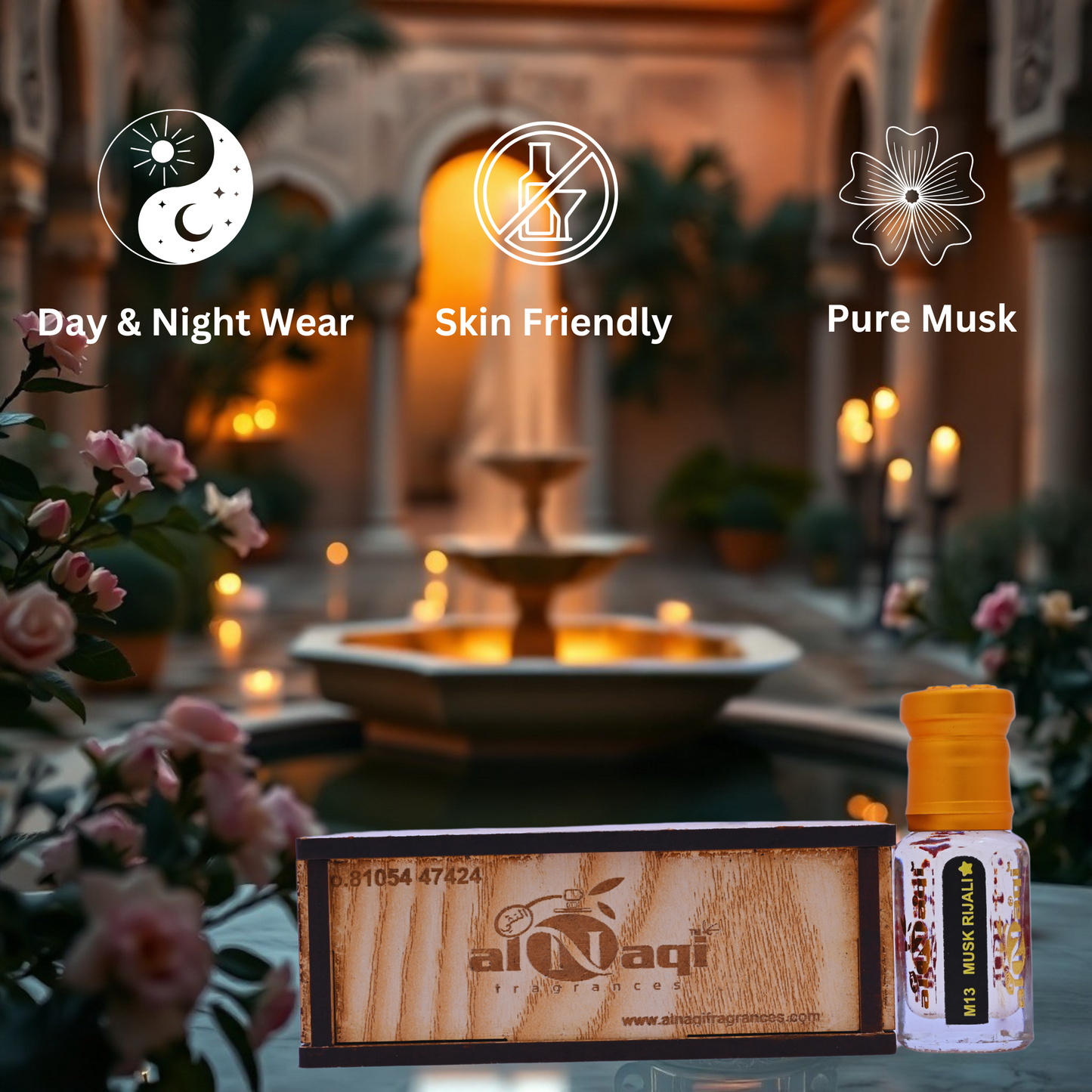 alNaqi perfume packaging with a fountain and flowers in the background