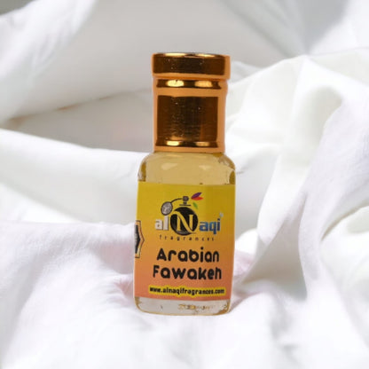 Arabian Fawakeh Attar displayed with fresh fruits and flowers. 