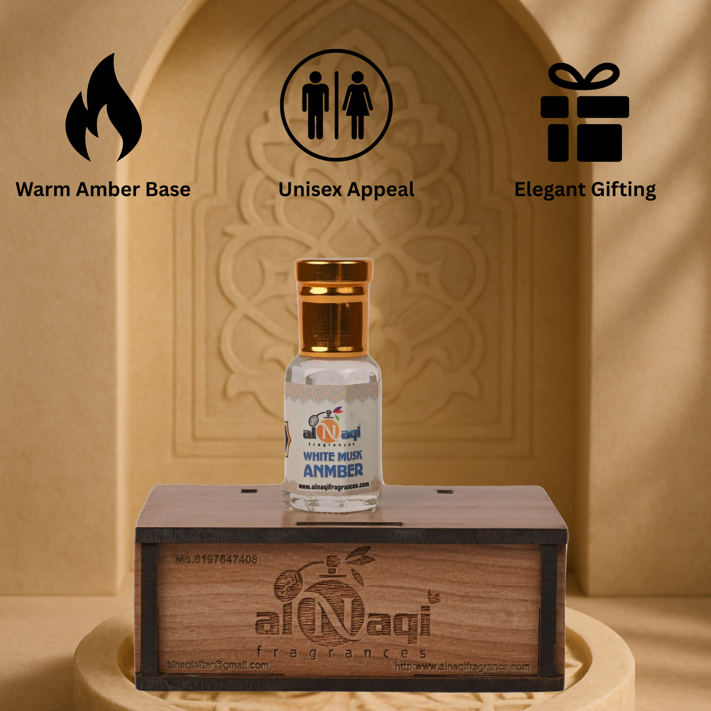 Perfume bottle on a wooden stand with 'alNaqi' branding, against a beige background.