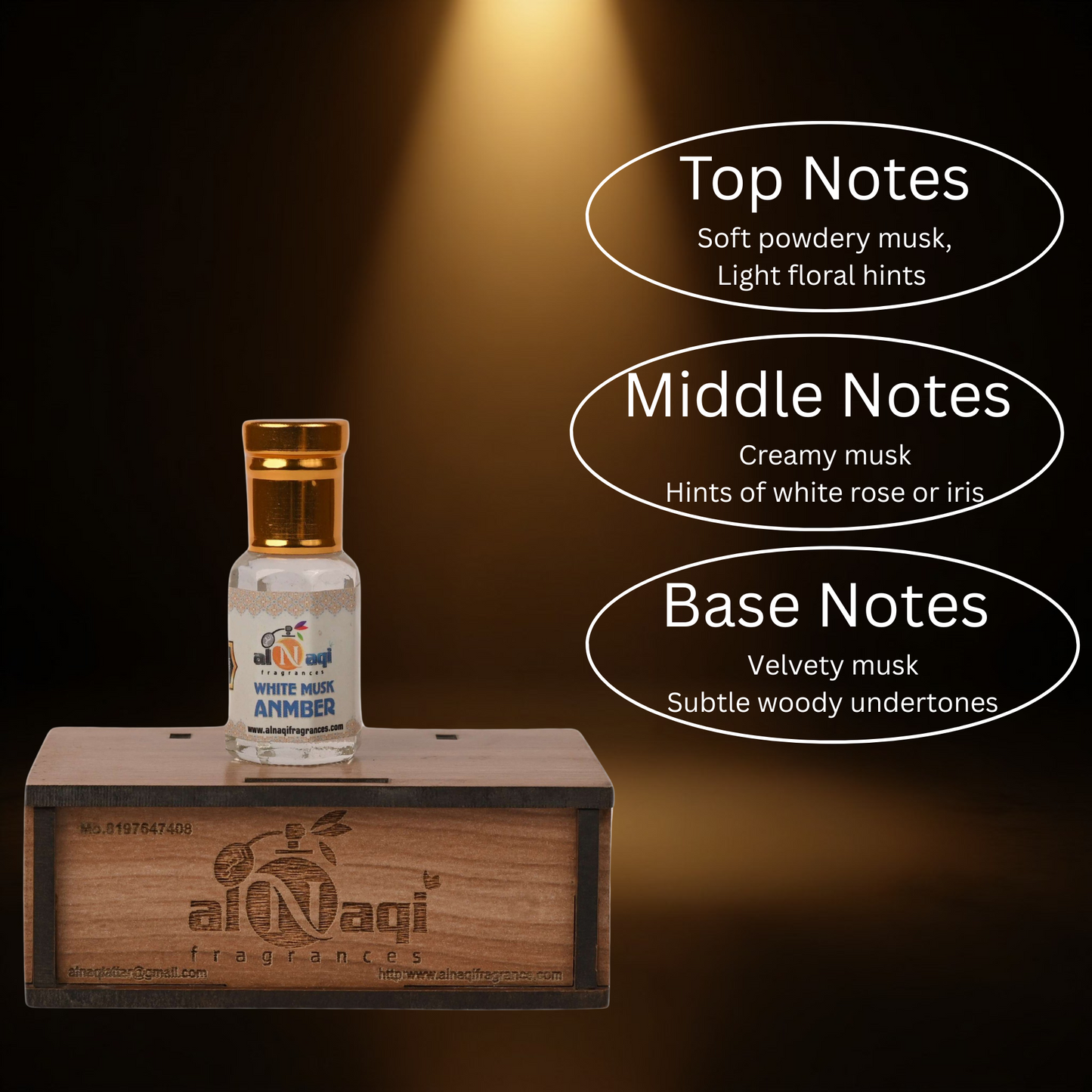 Fragrance bottle on a wooden stand with notes description on a dark background