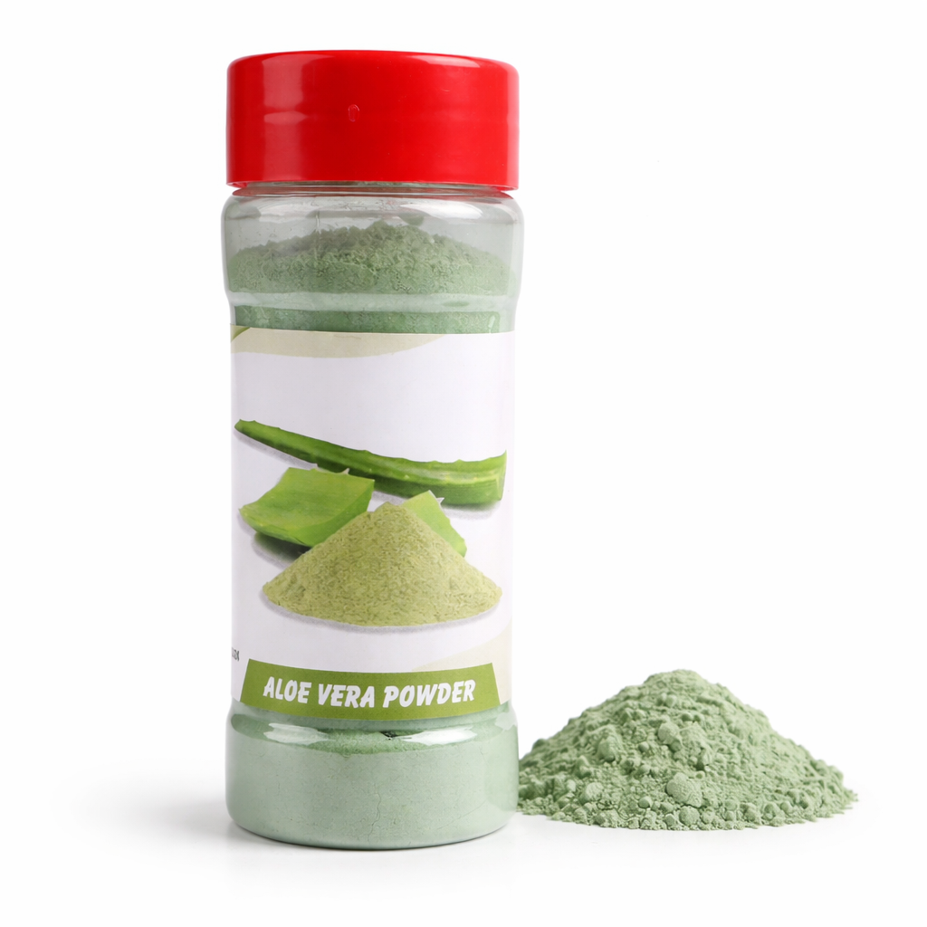Bottle of aloe vera powder with a red lid on a white background