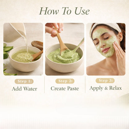 Step-by-step guide on how to use a green facial mask with images of ingredients and application.