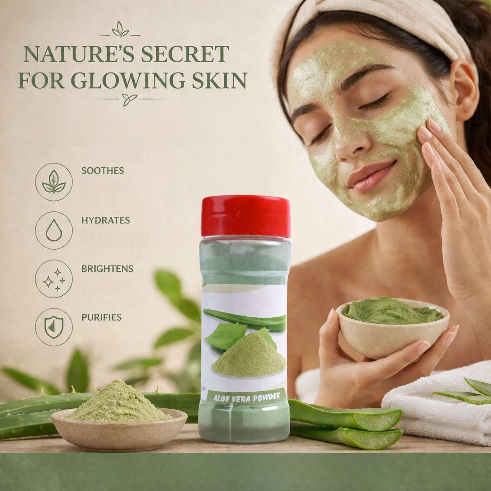 Woman applying aloe vera powder mask with a bottle and bowl of powder on a beige background.