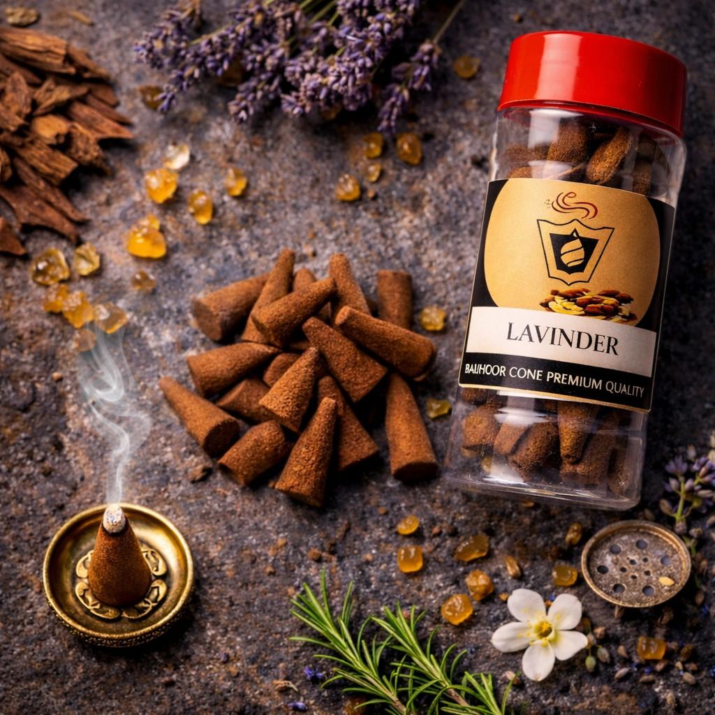 Bottle of lavender incense cones with cones and a burning cone on a textured surface.