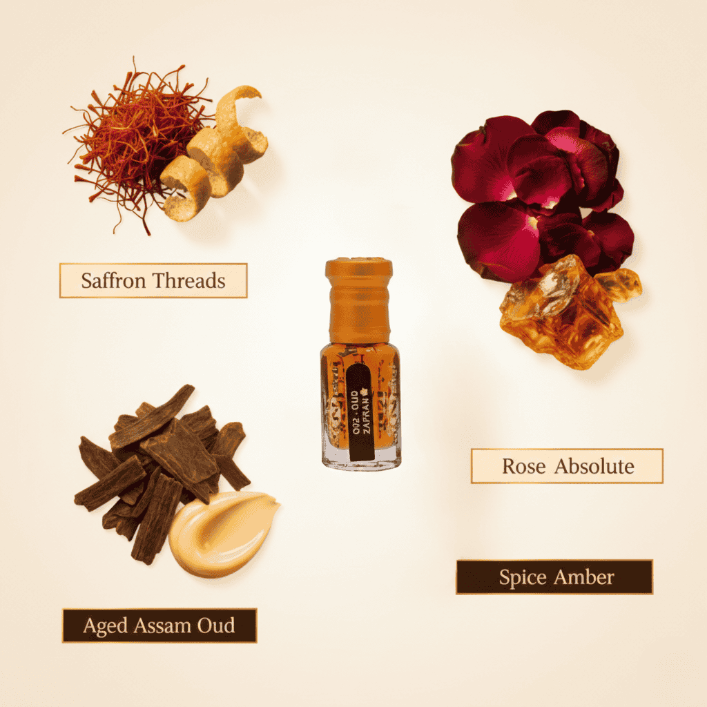 Spices and a bottle labeled 'Spice Amber' with corresponding labels for Saffron Threads, Rose Absolute, and Aged Assam Oud on a beige background.