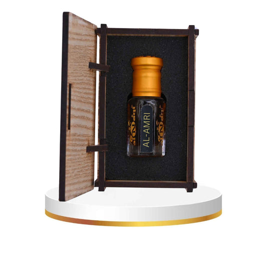 Bottle of Al-Amri perfume in a wooden box on a white background