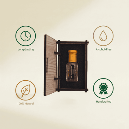 Perfume bottle on a wooden stand with 'alNaqi' branding, against a beige background.