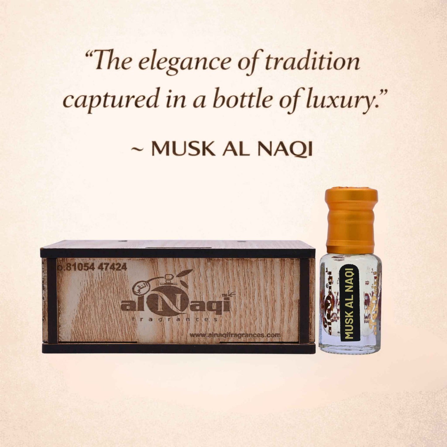 Small bottle of Musk Al Naqi perfume on a wooden stand with a gold fabric background