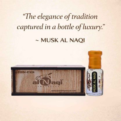 Small bottle of Musk Al Naqi perfume on a wooden stand with a gold fabric background