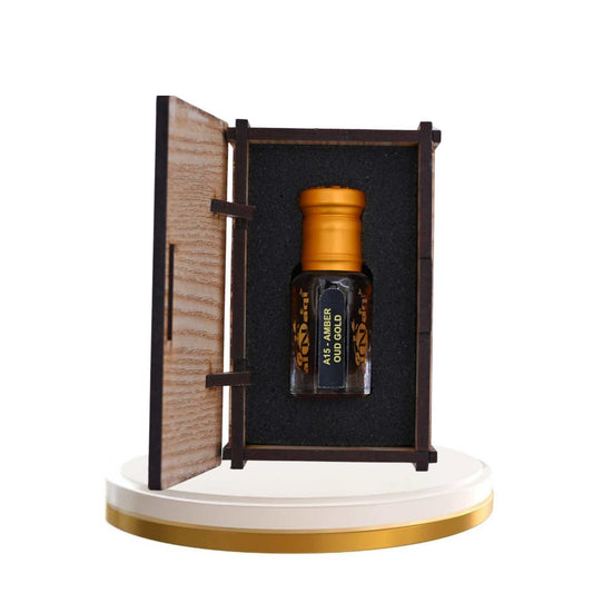 Perfume bottle in a wooden display case on a white background