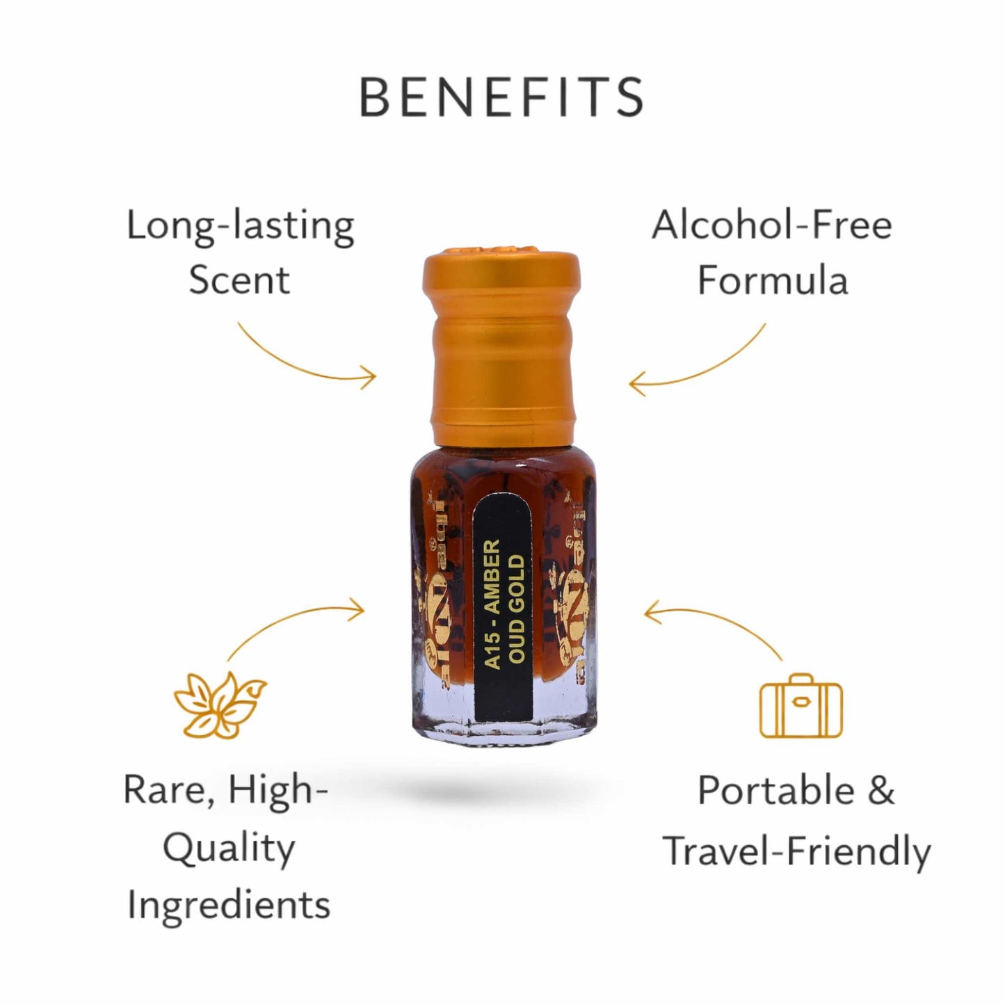 Amber bottle with text highlighting benefits on a white background