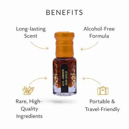 Amber bottle with text highlighting benefits on a white background