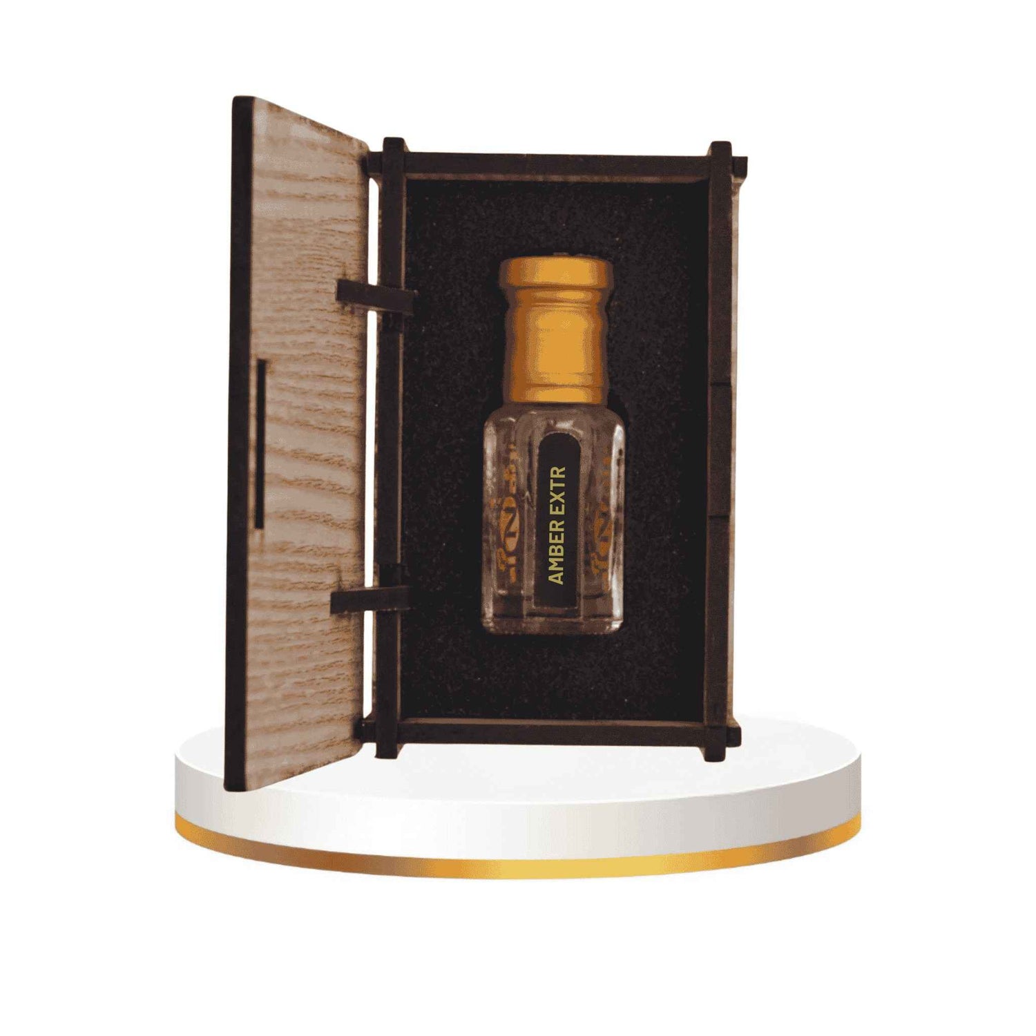 Amber bottle with wooden cap in a wooden display case on a white background