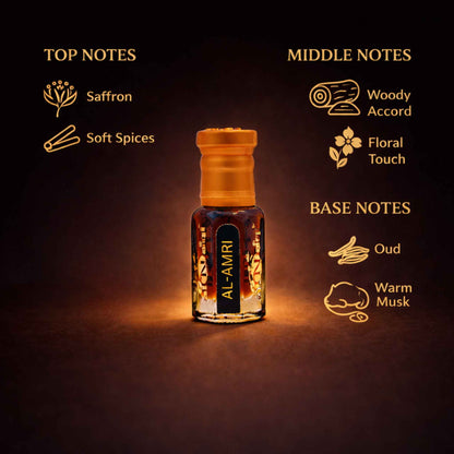 Bottle of Al-Amri perfume with notes description on a dark background
