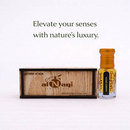 Al Nagi perfume bottle and wooden box with text on a white background