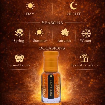 Muski Amber Attar premium glass bottle close-up view