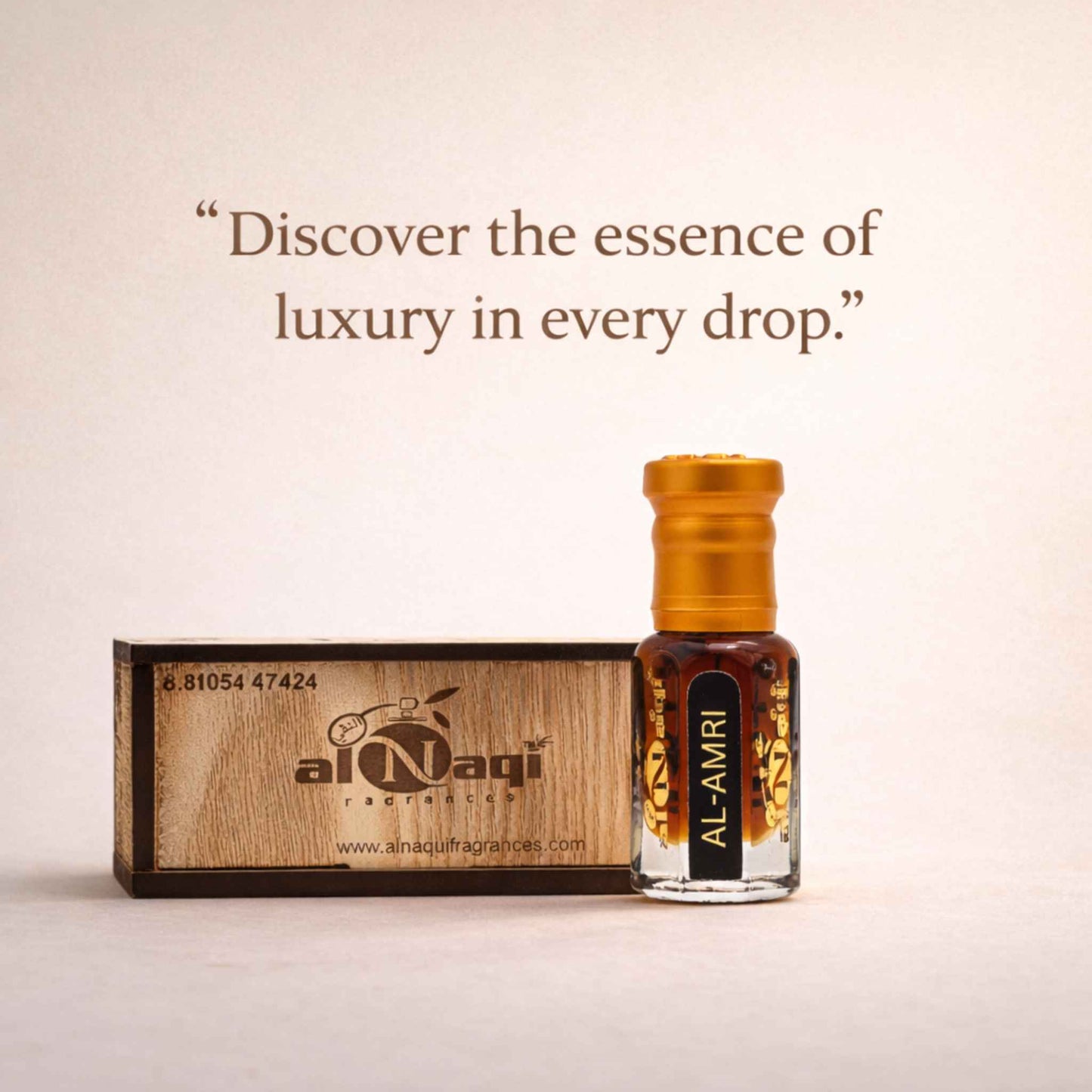 Al-Naqi perfume bottle with wooden box on a beige background
