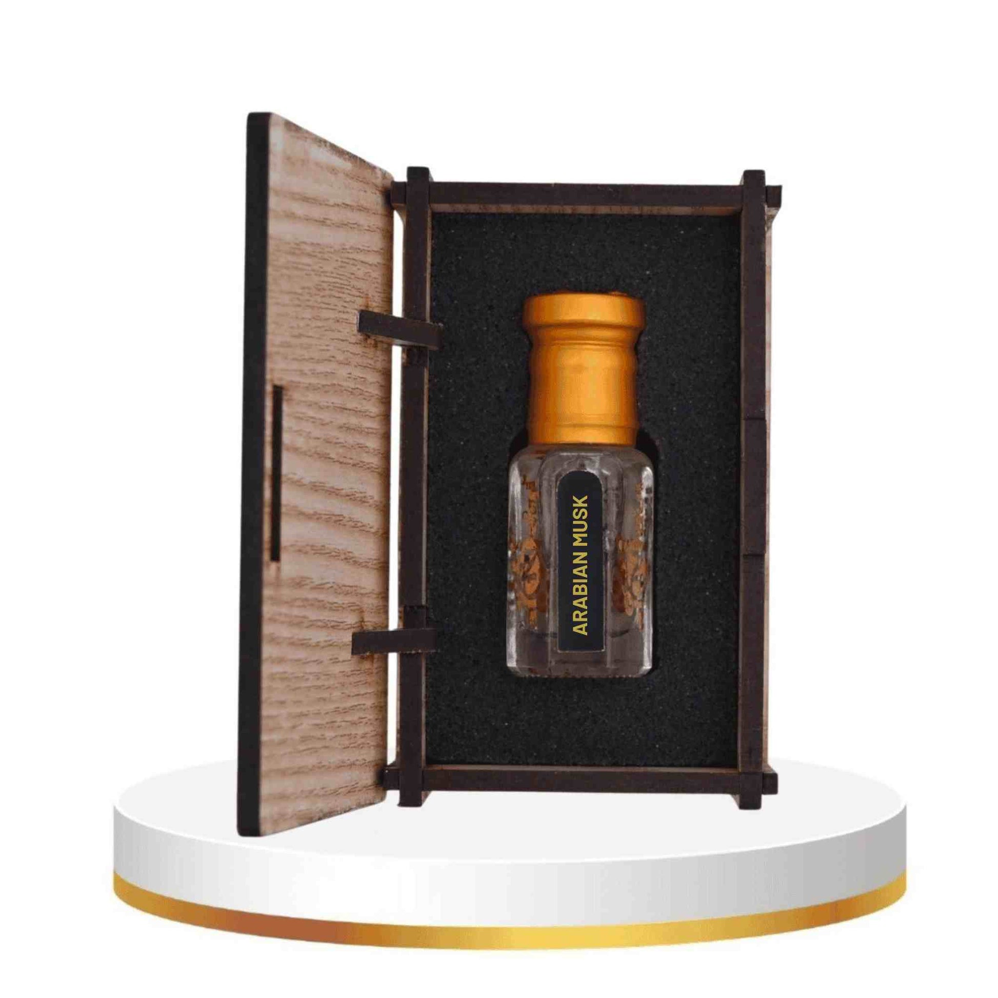 Perfume bottle with wooden cap in an open wooden box on a white platform