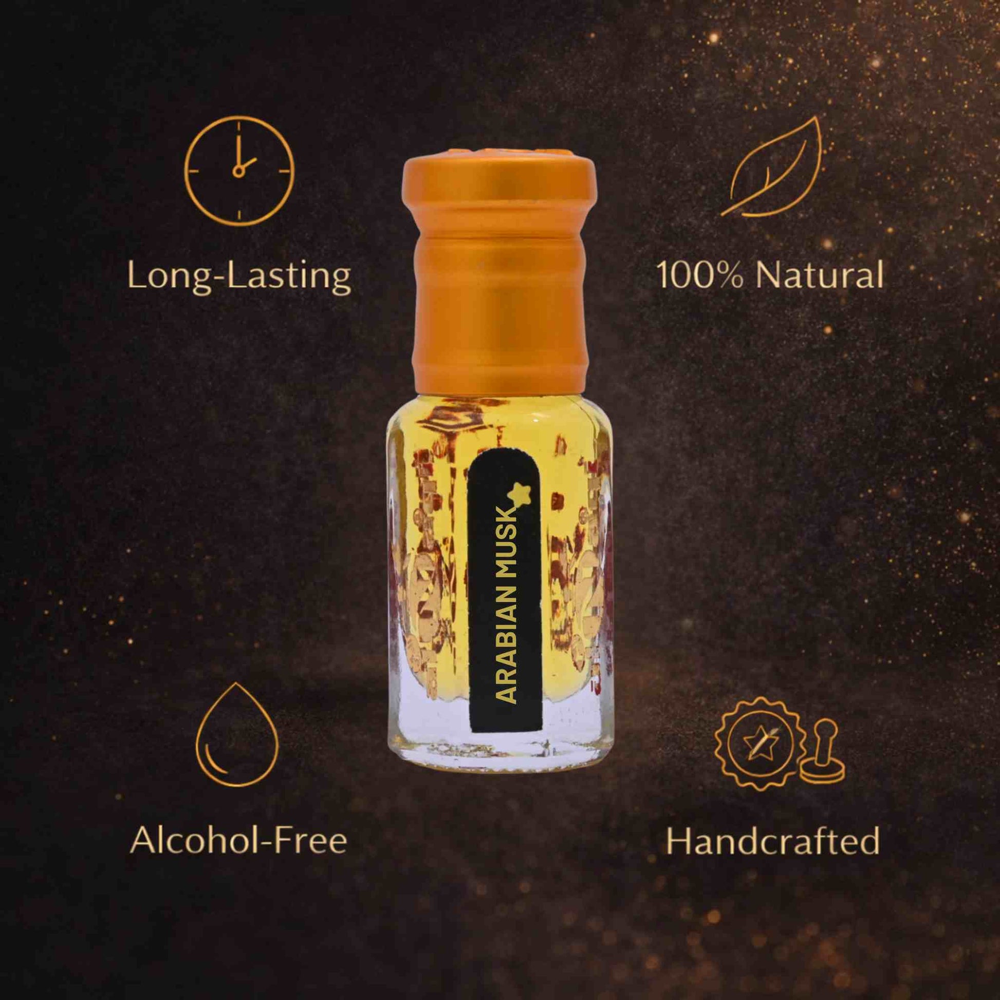 Bottle of Arabian Musk with product features on a dark background