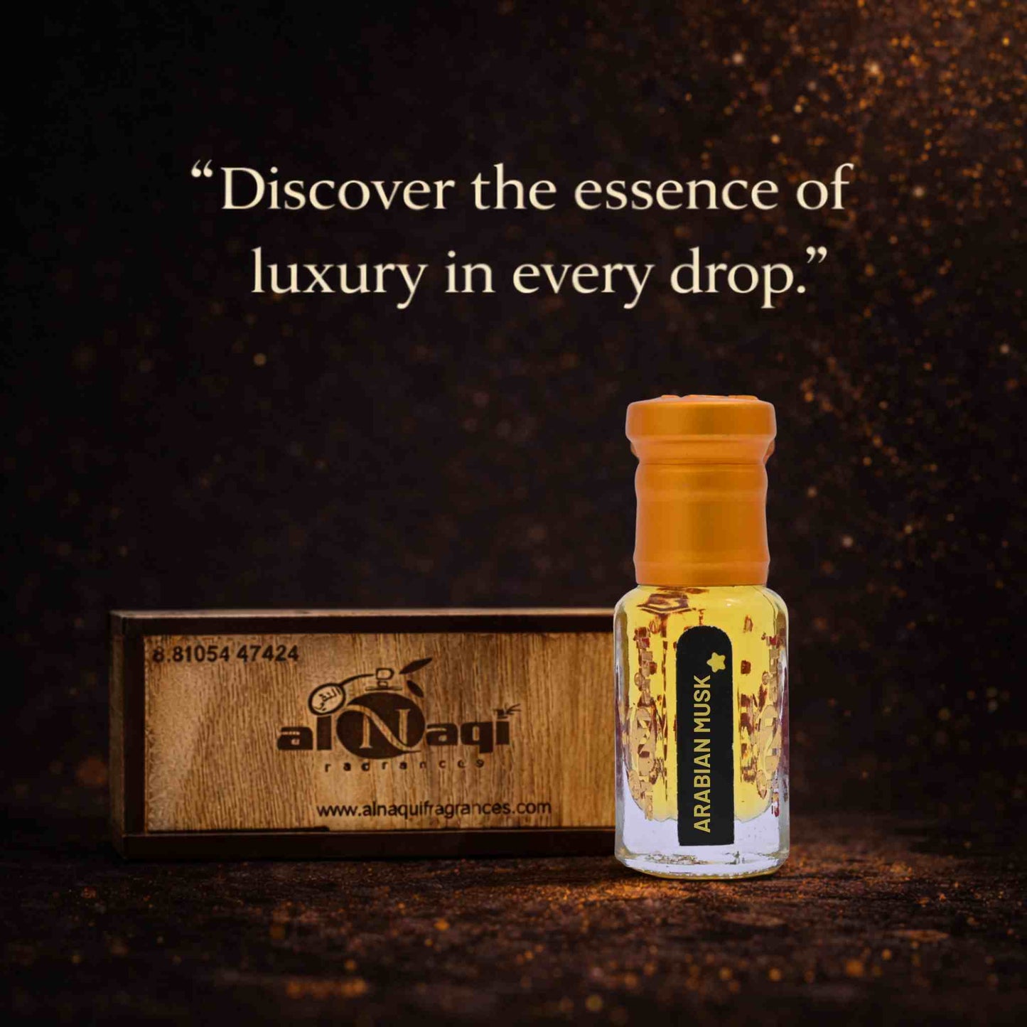 AlNagi fragrance bottle with wooden box on a dark background