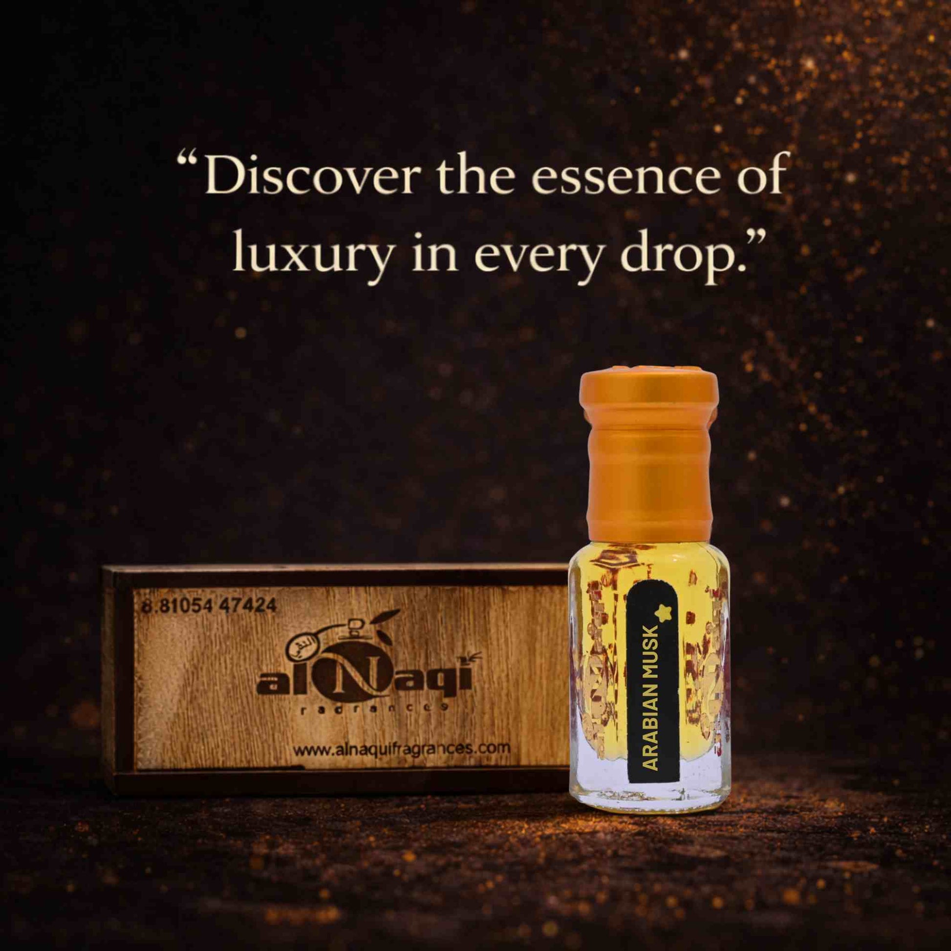 AlNagi fragrance bottle with wooden box on a dark background