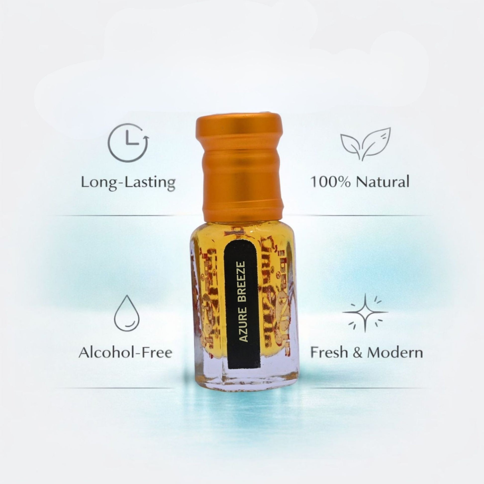 Bottle of Azure Breeze with features listed on a light blue gradient background