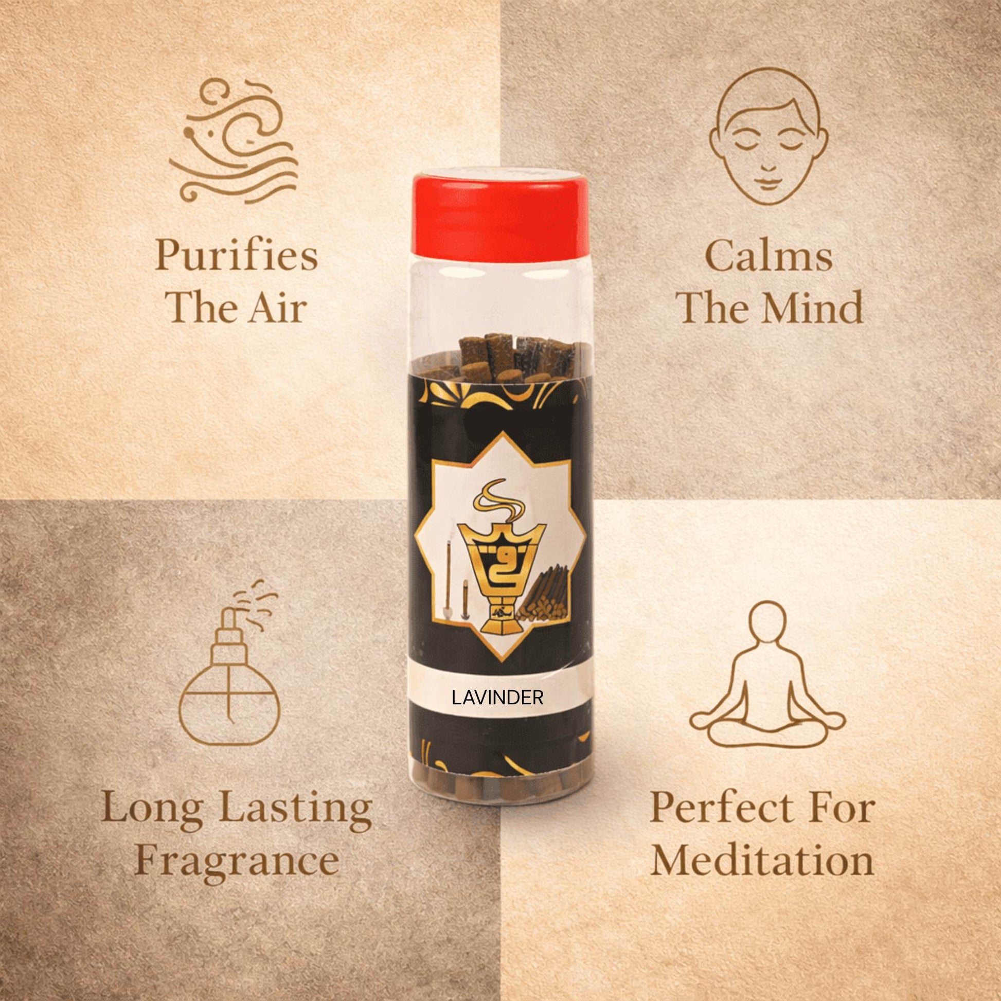 Candle with red lid and black label on a textured beige background, featuring text about its benefits.