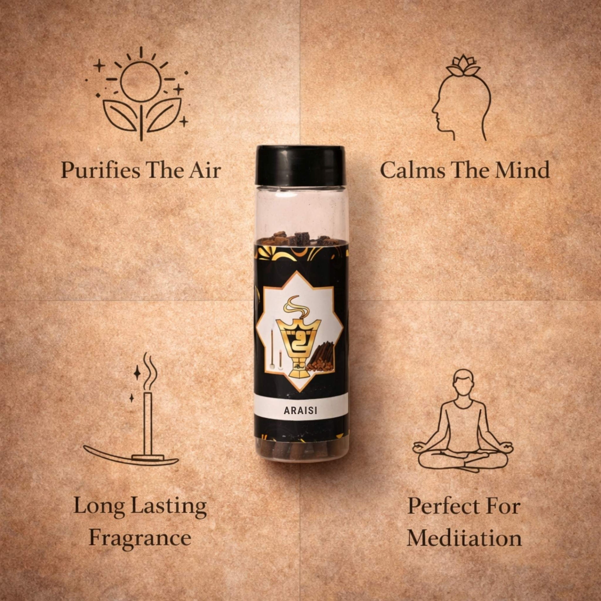 Araisi product bottle with wellness benefits on a brown background