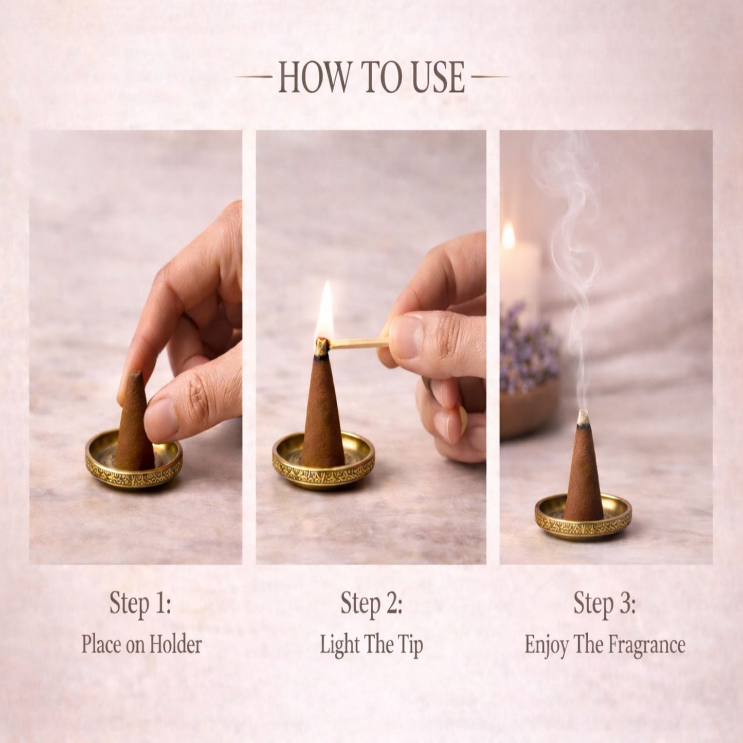 Step-by-step guide on how to use a cone incense burner with a hand lighting an incense cone.