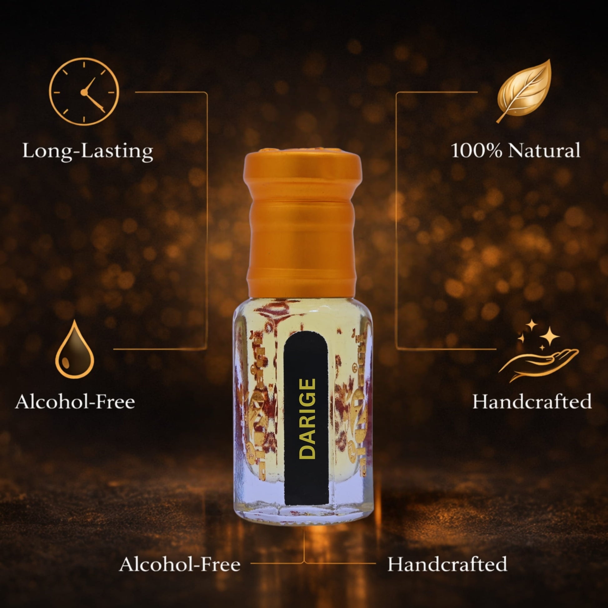 Darige perfume bottle with features highlighted on a dark background