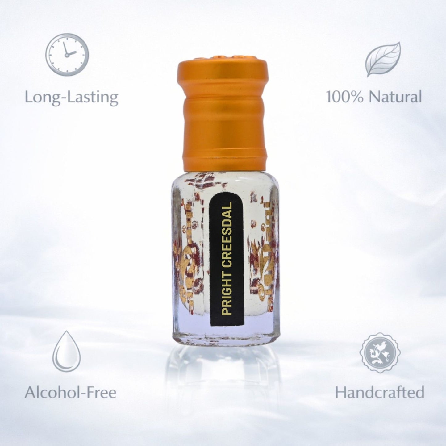 Close-up of attar showcasing deep amber color in glass bottle