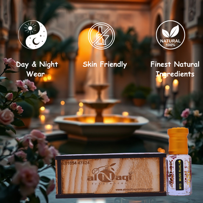 A luxurious roll-on fragrance bottle placed on an elegant wooden surface
