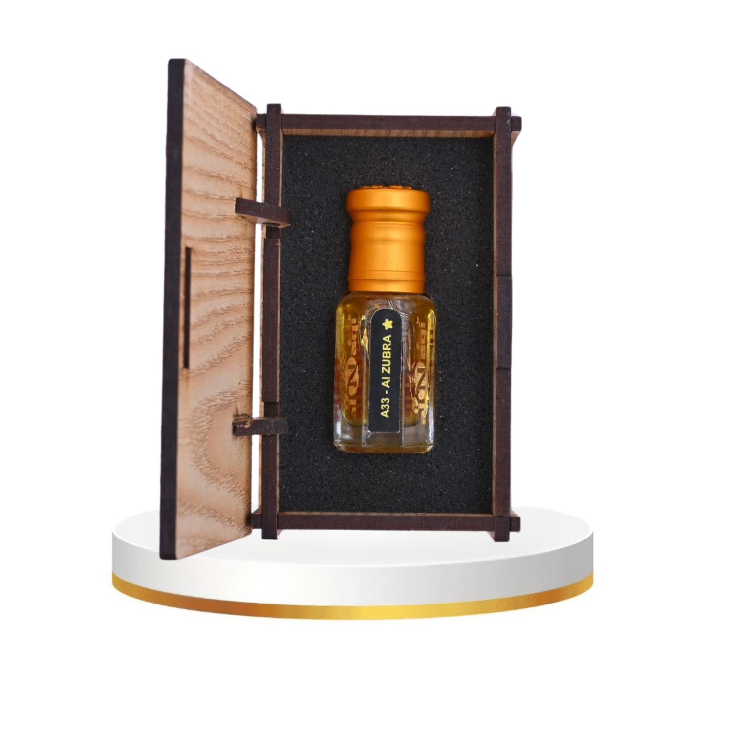 Small bottle with wooden cap in a wooden display case on a white background