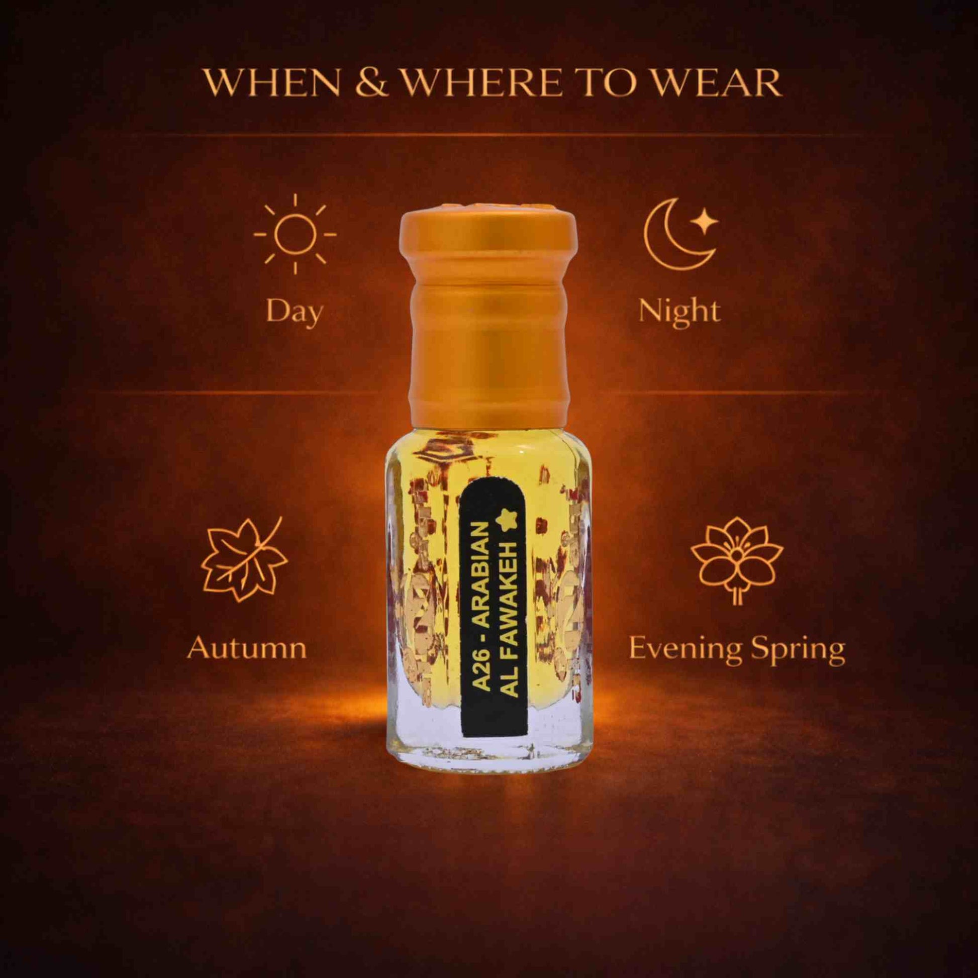 Bottle of Arabian Al Fawaken perfume with usage guidelines on a dark background