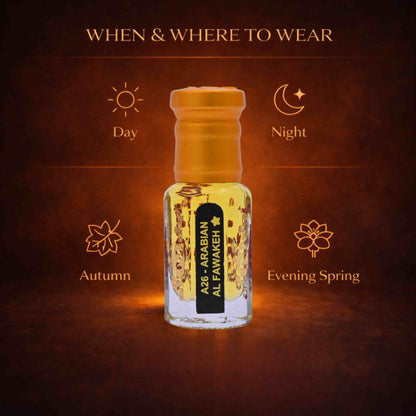 Bottle of Arabian Al Fawaken perfume with usage guidelines on a dark background