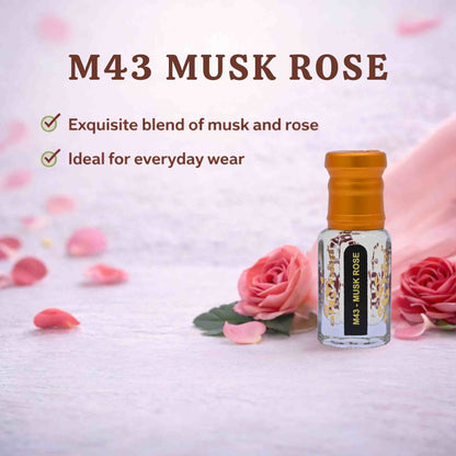M43 Musk Rose perfume bottle with pink roses and petals on a light background