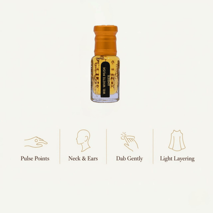 Person applying attar to the wrist with text on how to apply it.