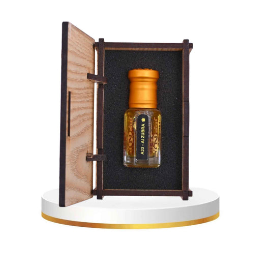 Small bottle with wooden cap in a wooden display case on a white background