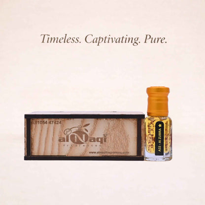 Perfume bottle with wooden box and 'al-Naqi' branding on a beige background