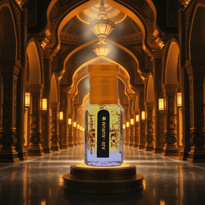 Bottle labeled 'Aurum' in an ornate hallway with warm lighting