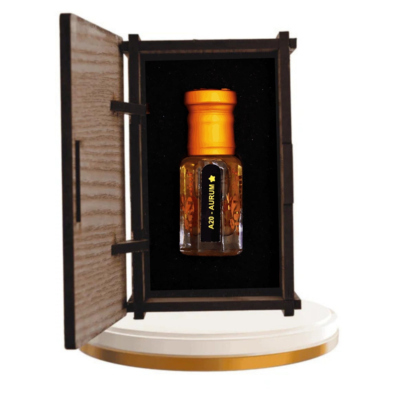 Decorative bottle with wooden box and white base