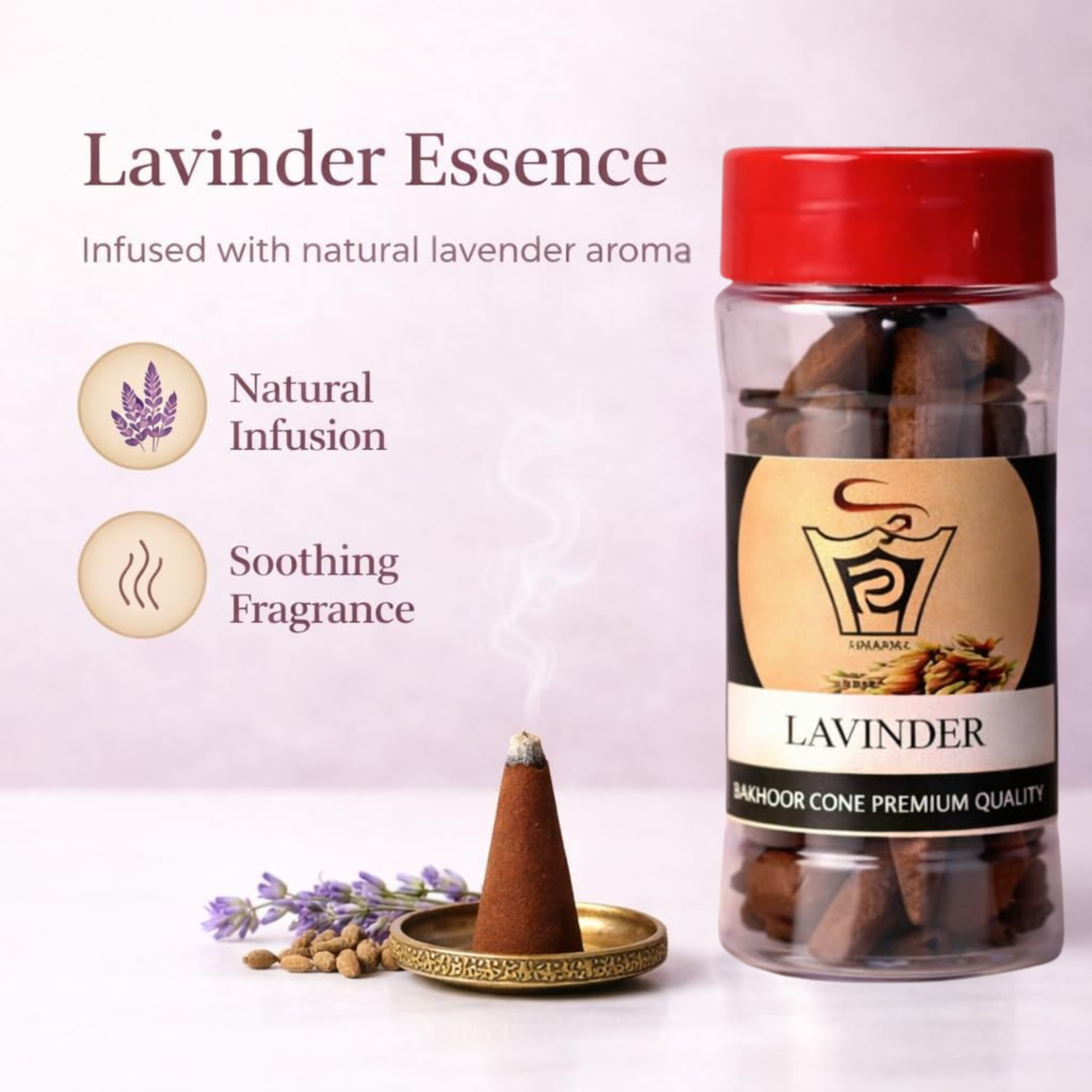 Lavender essence incense cone packaging with a red lid on a white background