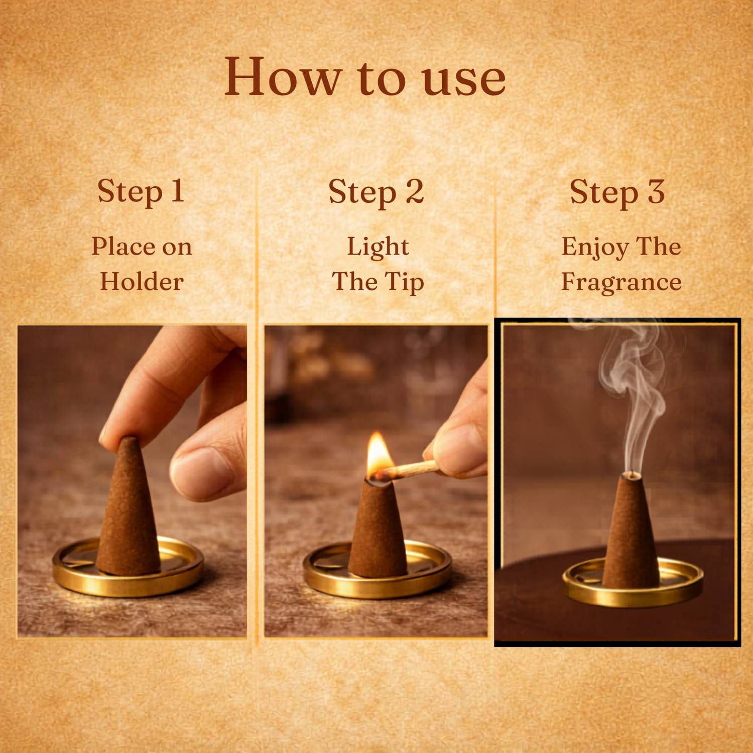 Instructions on how to use an incense cone with a brown background