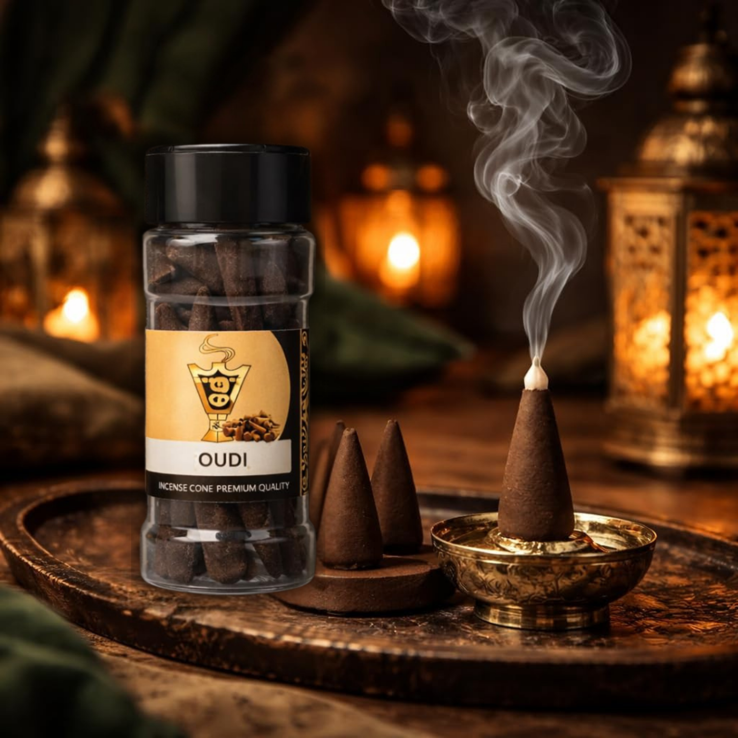 Incense cone packaging with a smoking incense cone on a wooden tray, surrounded by lanterns.