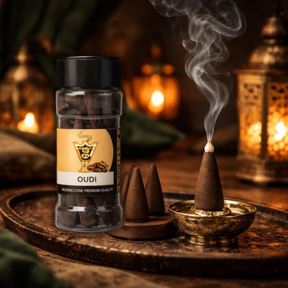 Incense cone packaging with a smoking incense cone on a wooden tray, surrounded by lanterns.