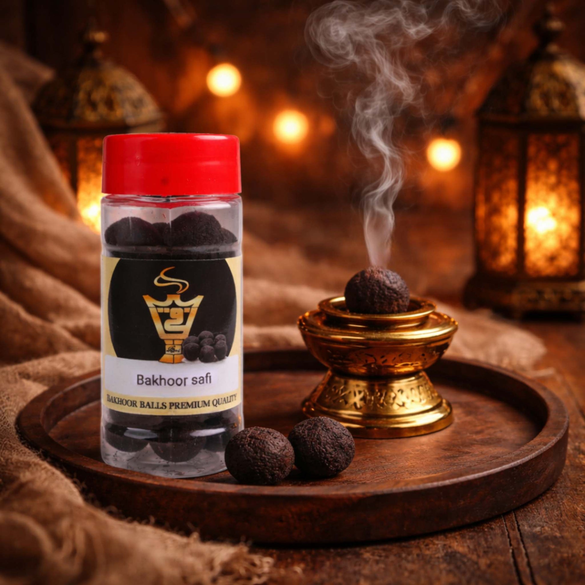 Bakhoor safi bottle with incense on a wooden tray with a warm background