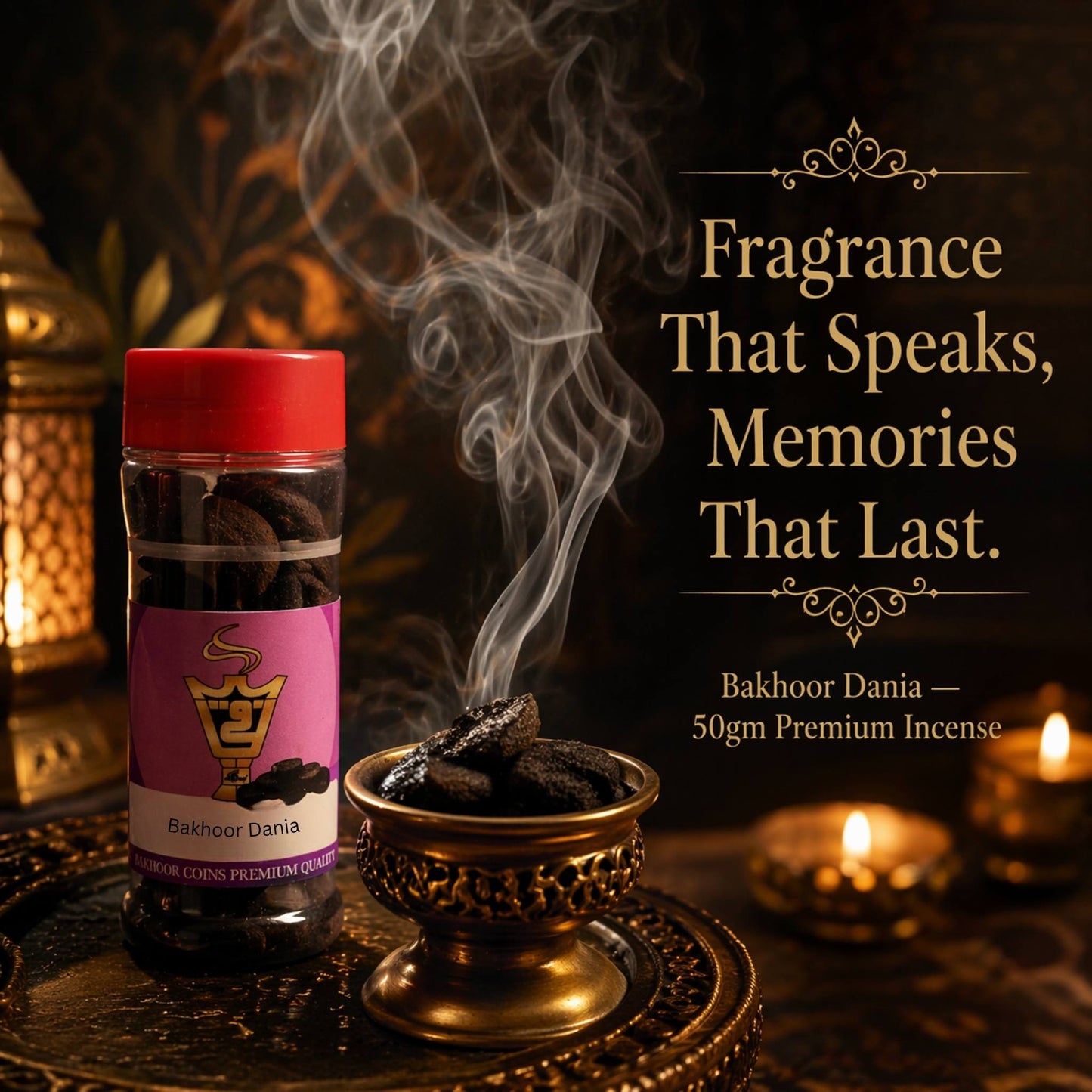 Bottle of Bakhoor Dania incense with smoke and decorative text on a dark background