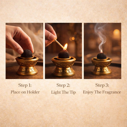 Three-step process of lighting a incense ball with text labels on a textured beige background.