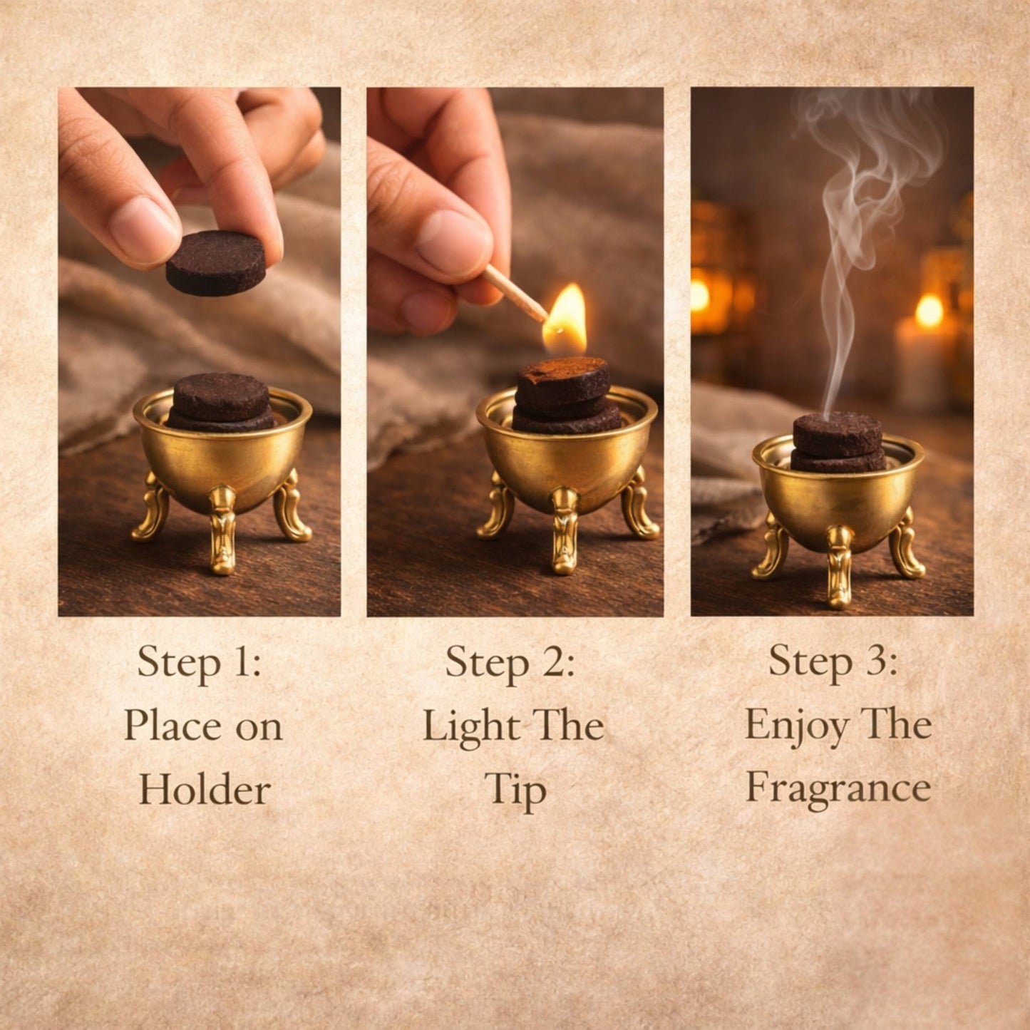 Step-by-step guide on using a small incense holder with text labels.